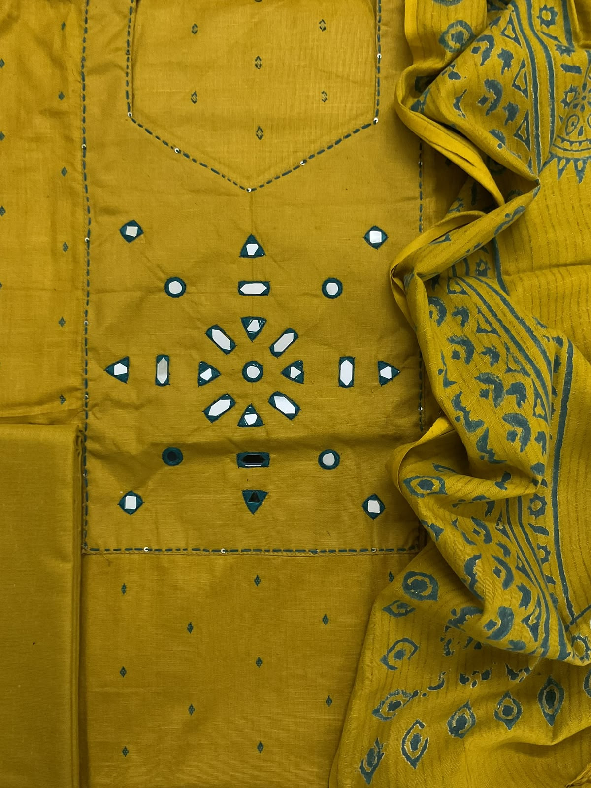 Pure Handloom Cotton Self Weaved Printed Embroidered Suit - Yellow