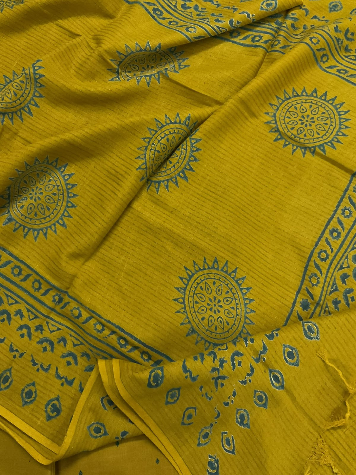 Pure Handloom Cotton Self Weaved Printed Embroidered Suit - Yellow