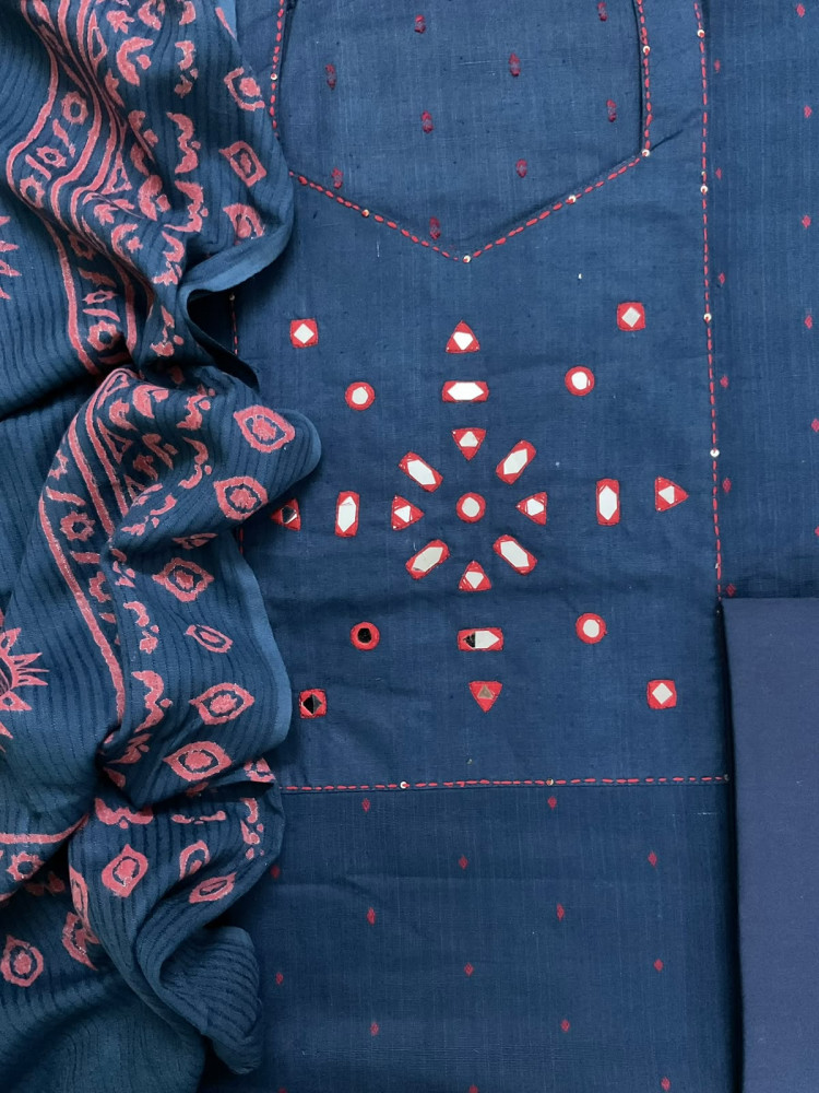 Image of Pure Handloom Cotton Self Weaved Printed Embroidered Suit - Blue