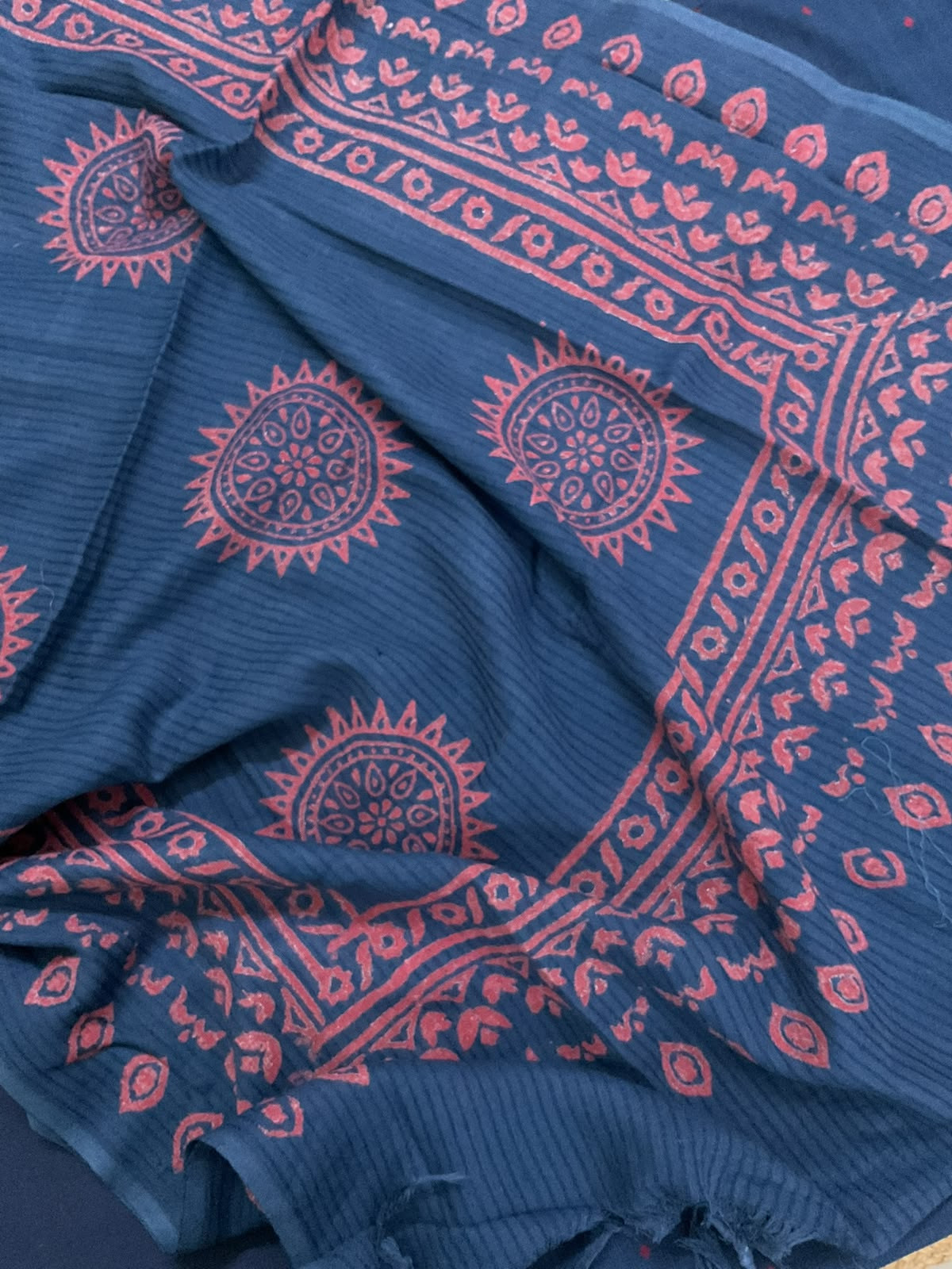 Pure Handloom Cotton Self Weaved Printed Embroidered Suit - Blue