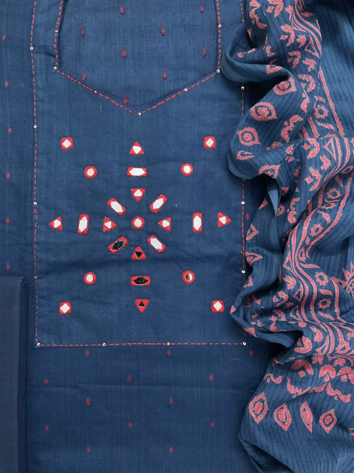 Pure Handloom Cotton Self Weaved Printed Embroidered Suit - Blue