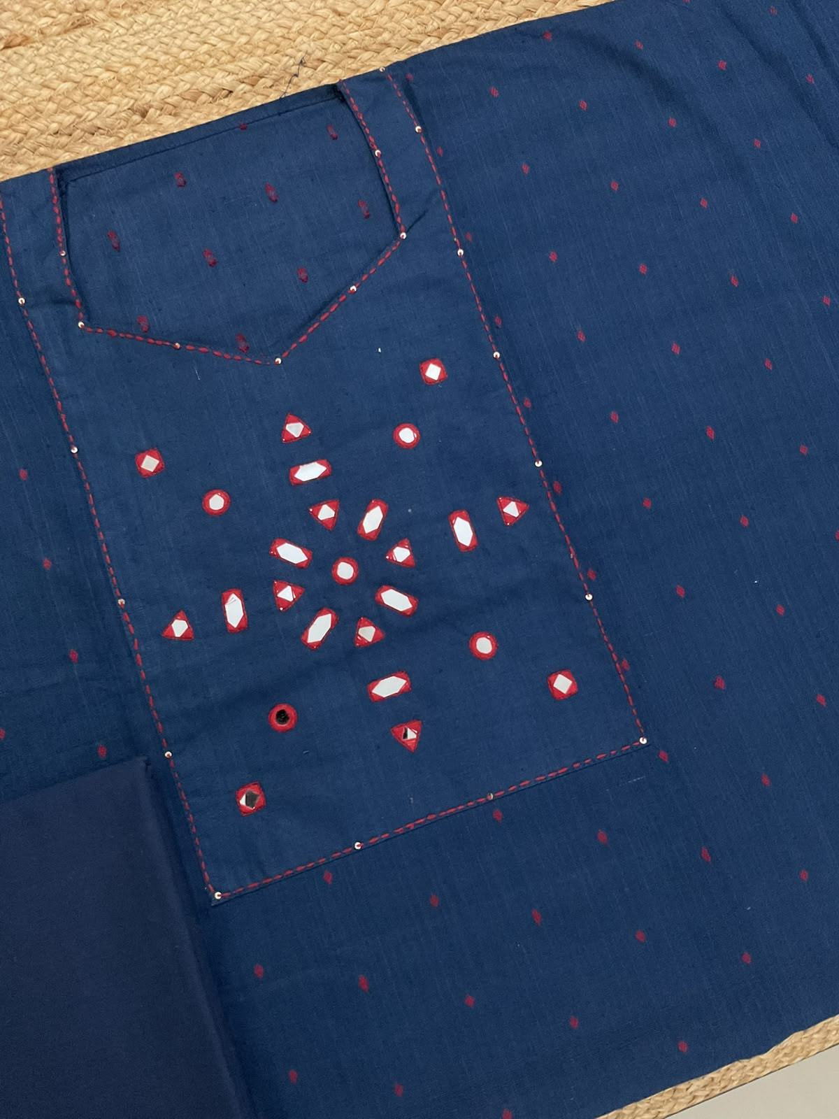 Pure Handloom Cotton Self Weaved Printed Embroidered Suit - Blue