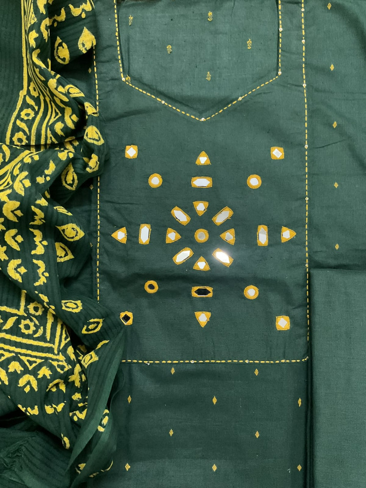 Image of Pure Handloom Cotton Self Weaved Printed Embroidered Suit - Green