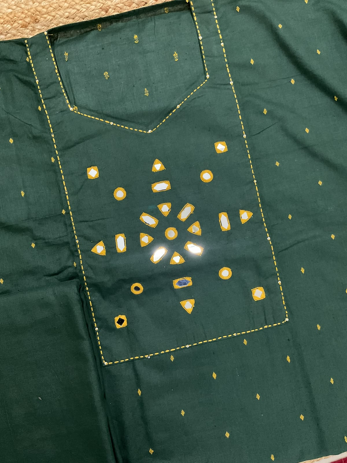 Pure Handloom Cotton Self Weaved Printed Embroidered Suit - Green