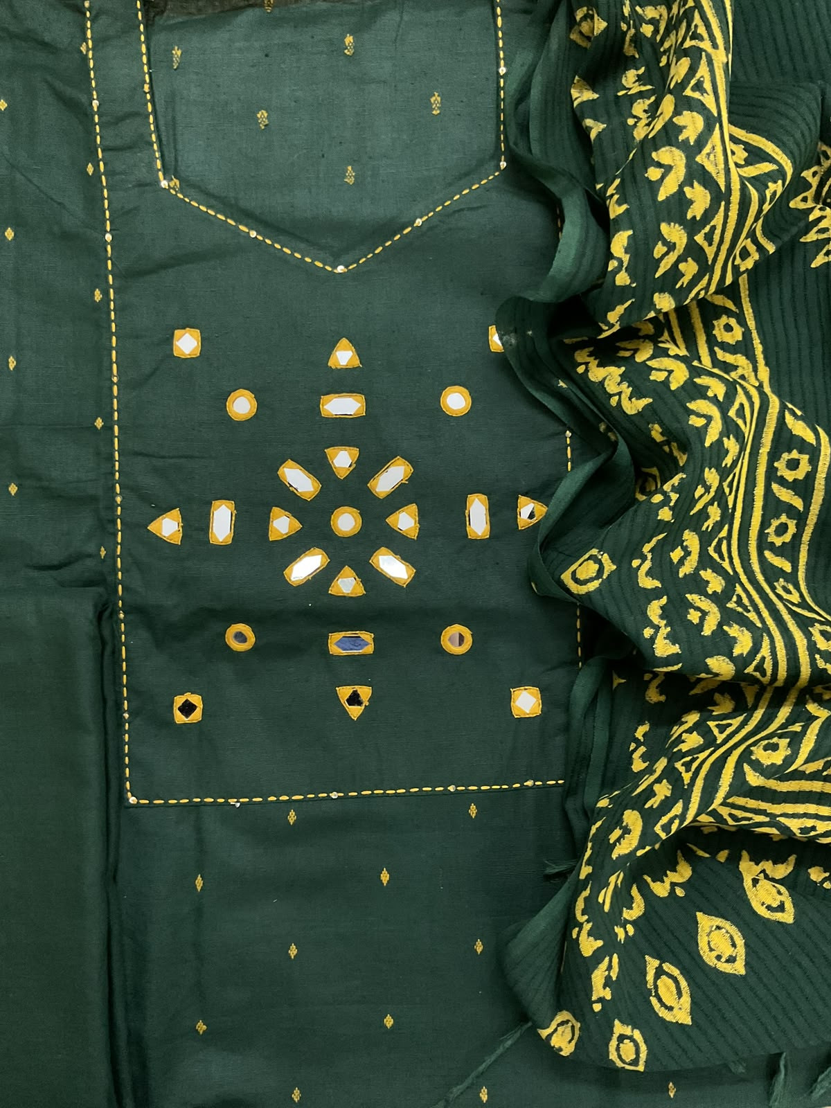Pure Handloom Cotton Self Weaved Printed Embroidered Suit - Green