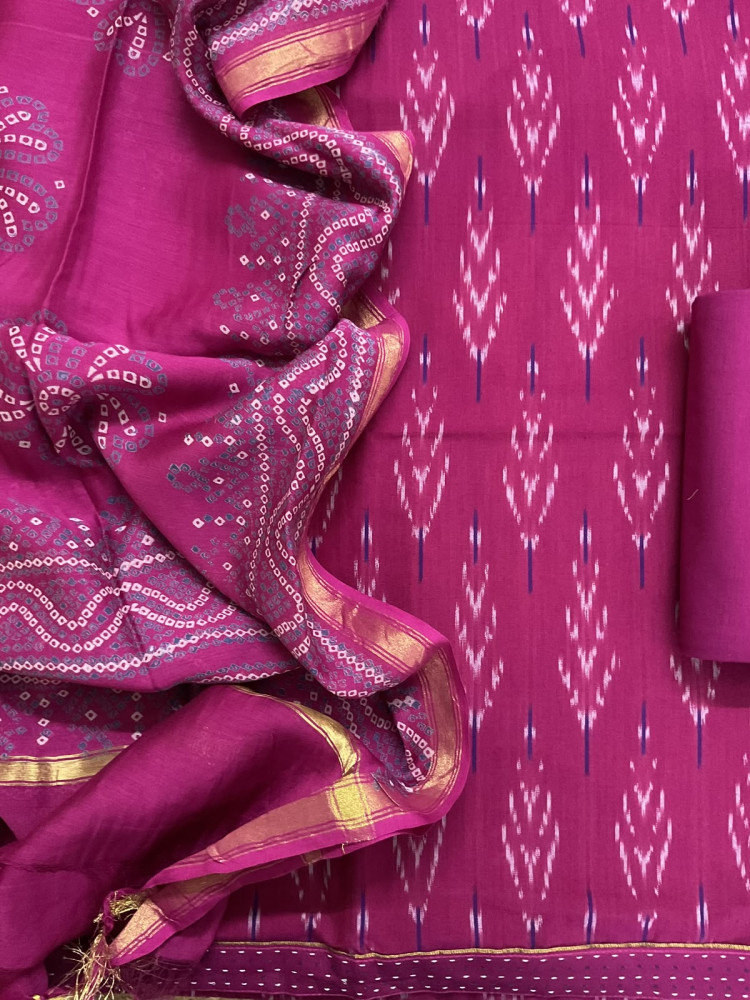 Image of Pure Fine Ikkat Cotton Self Weaved Printed Suit - Magenta