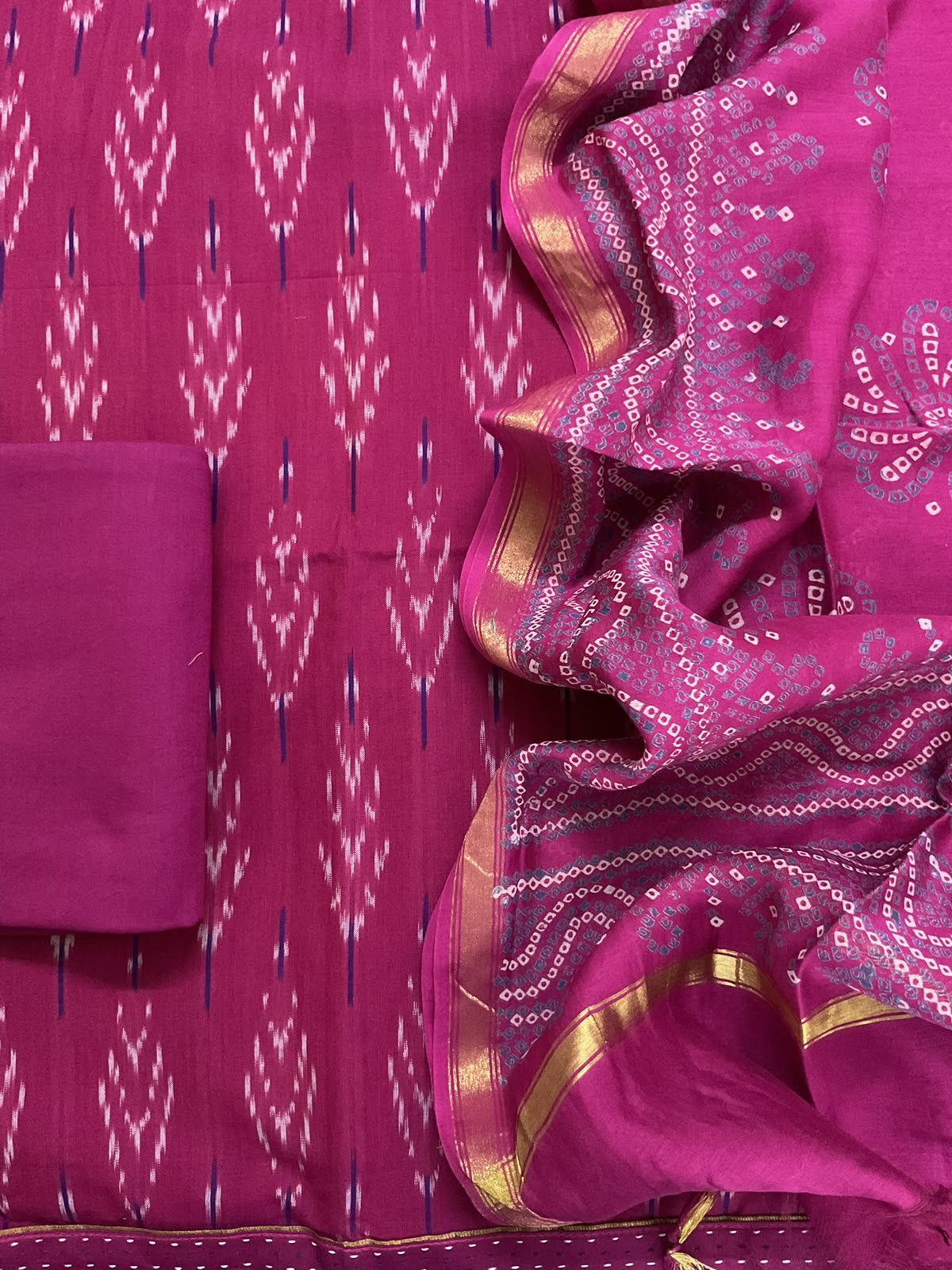 Pure Fine Ikkat Cotton Self Weaved Printed Suit - Magenta