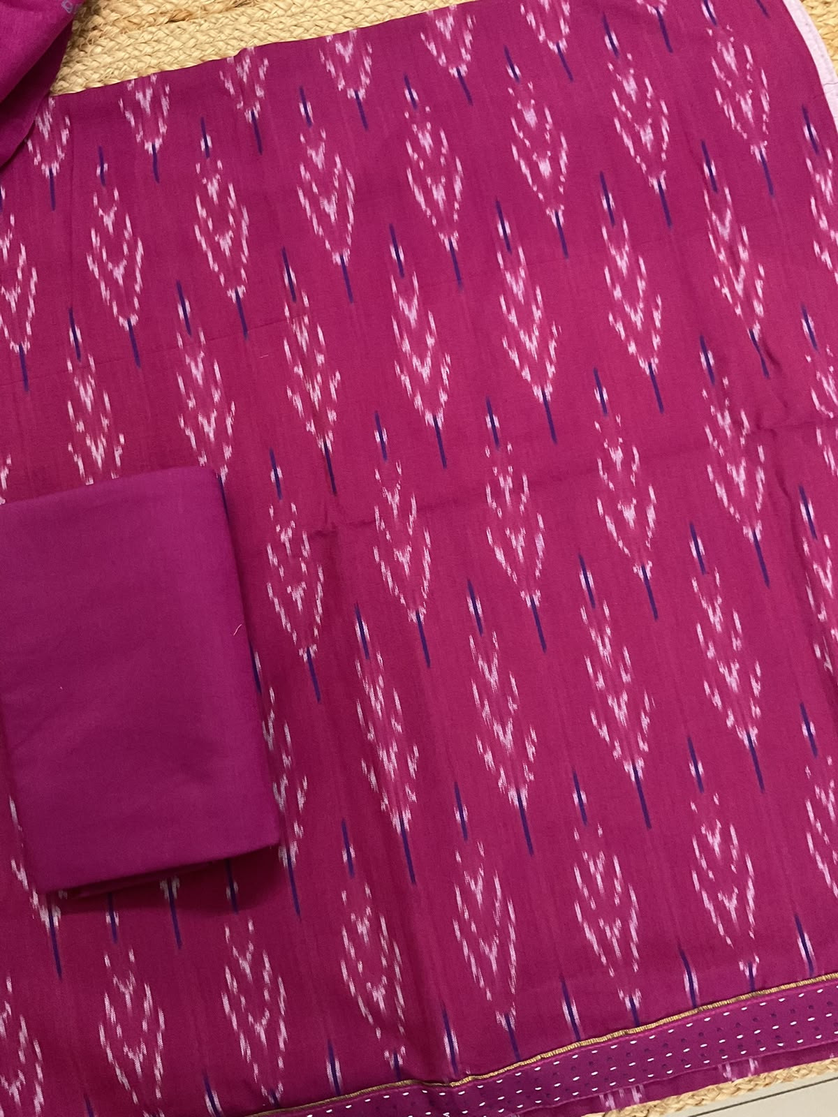 Pure Fine Ikkat Cotton Self Weaved Printed Suit - Magenta