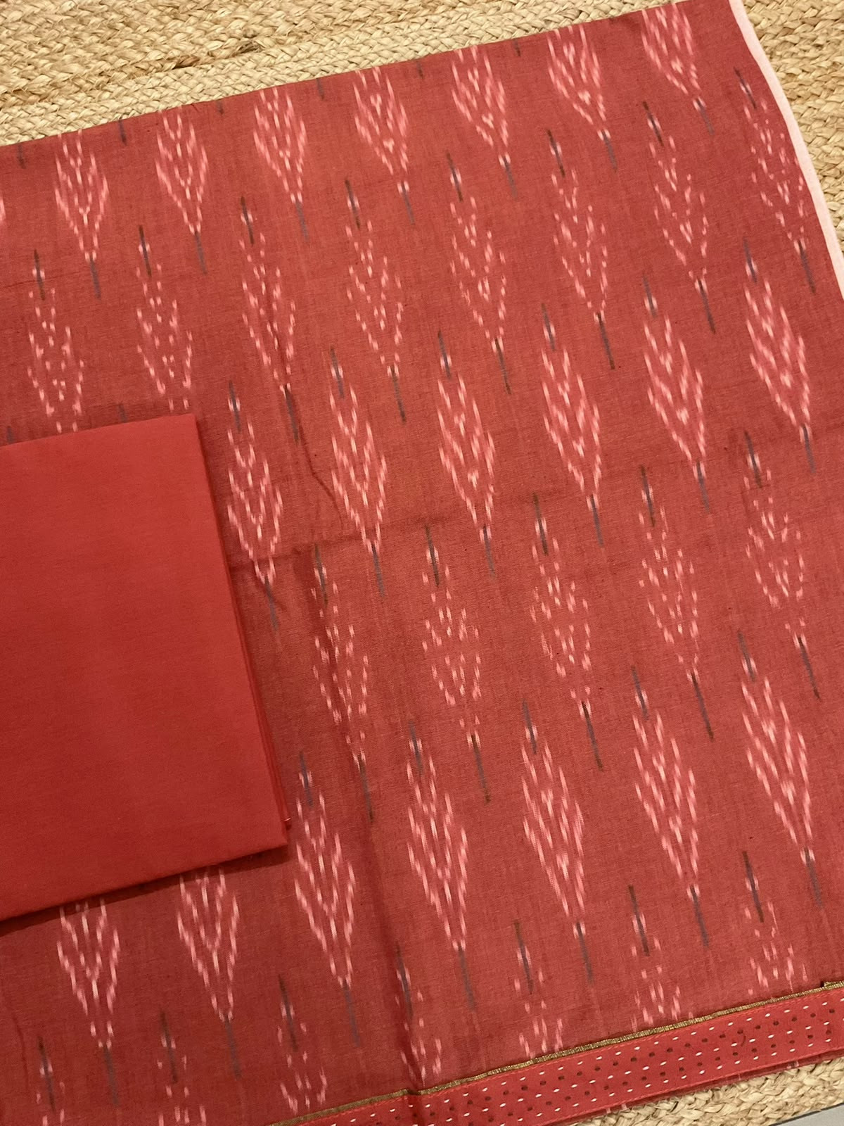 Pure Fine Ikkat Cotton Self Weaved Printed Suit - Orange