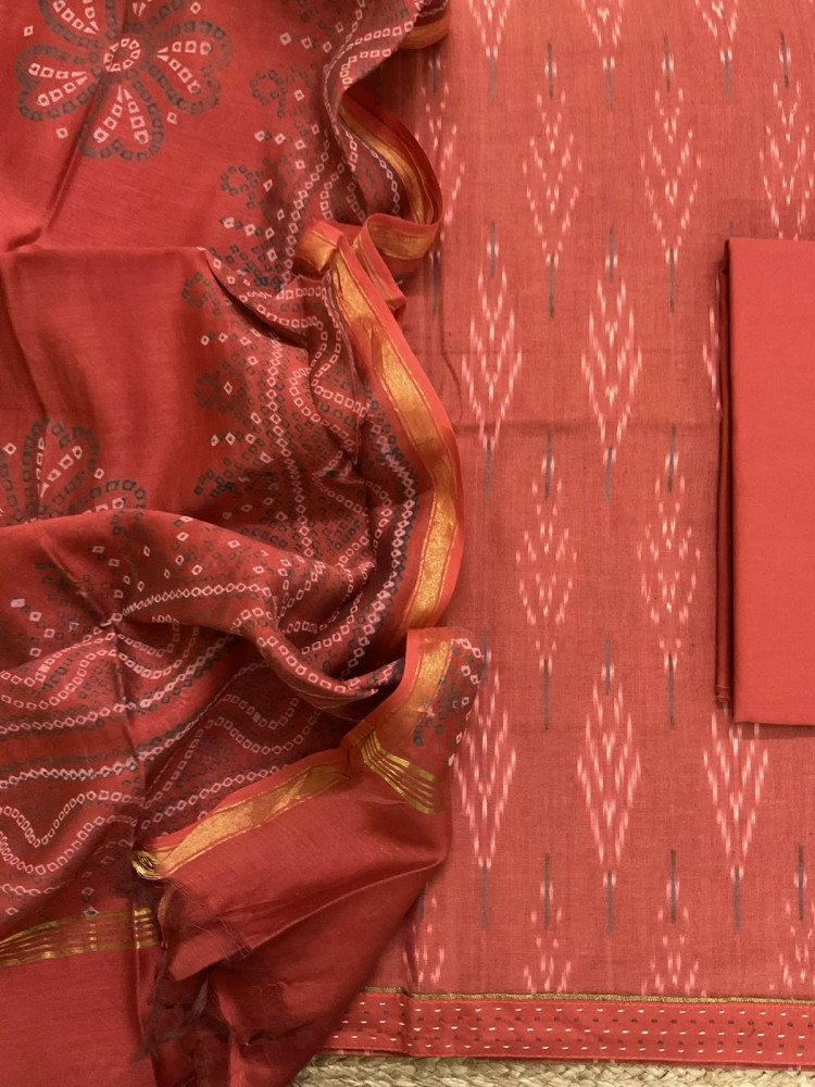 Image of Pure Fine Ikkat Cotton Self Weaved Printed Suit - Orange