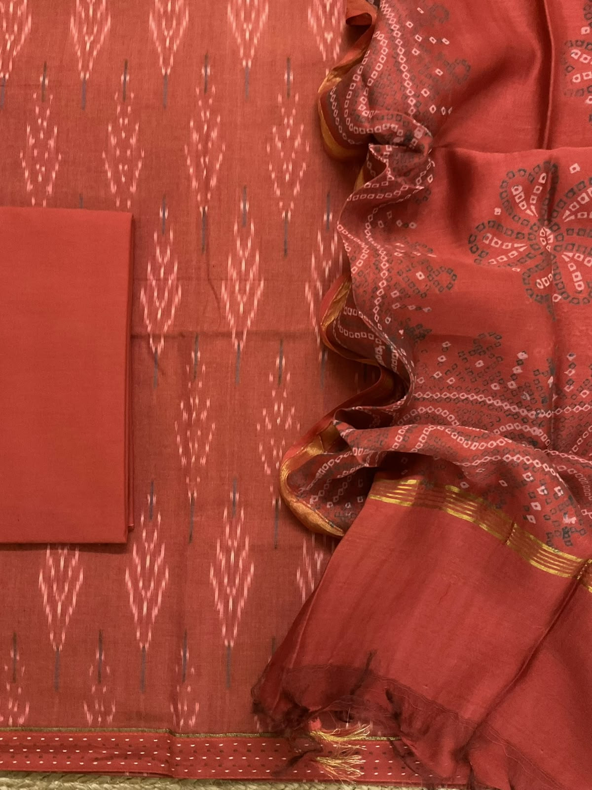 Pure Fine Ikkat Cotton Self Weaved Printed Suit - Orange