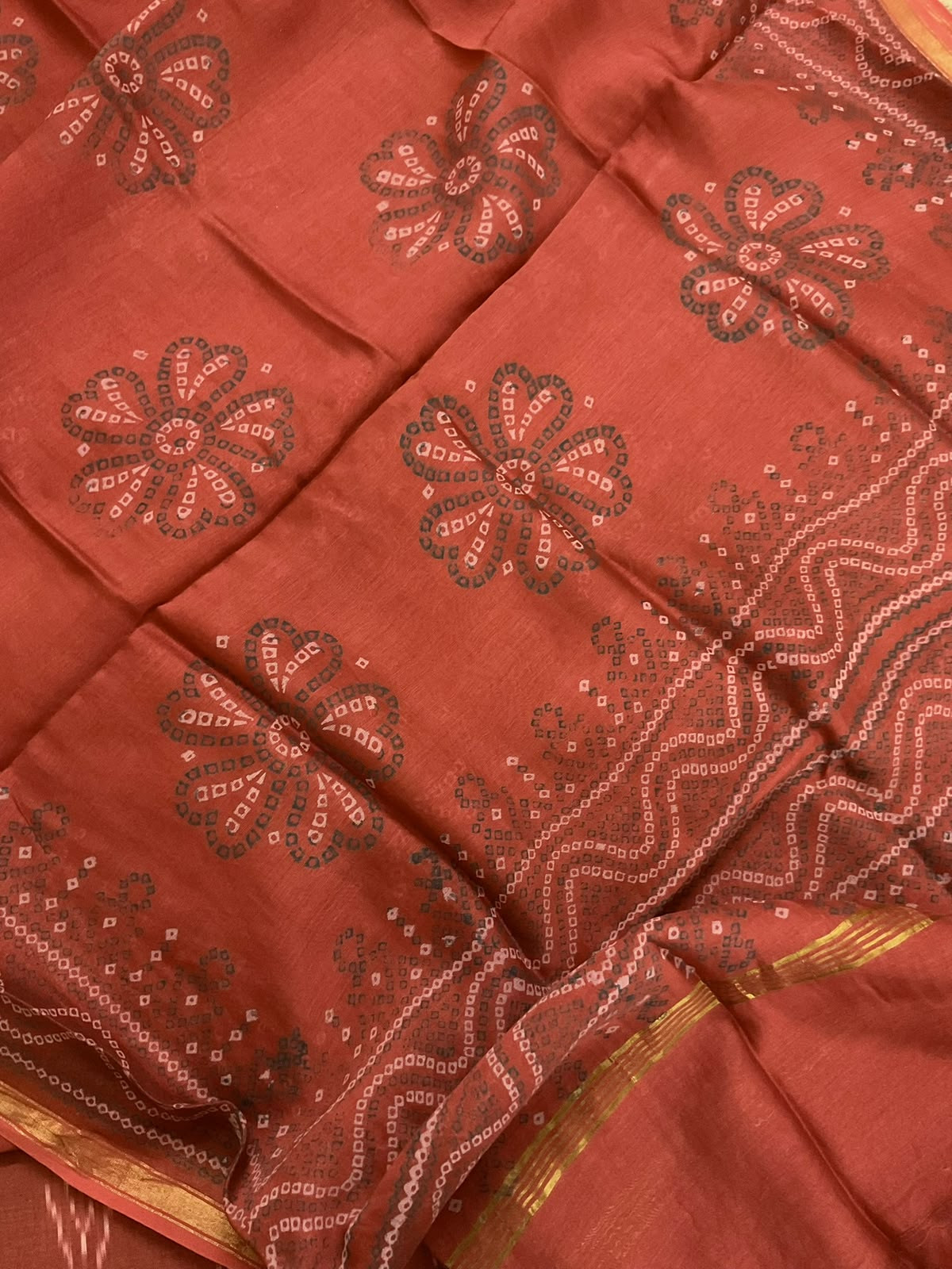 Pure Fine Ikkat Cotton Self Weaved Printed Suit - Orange