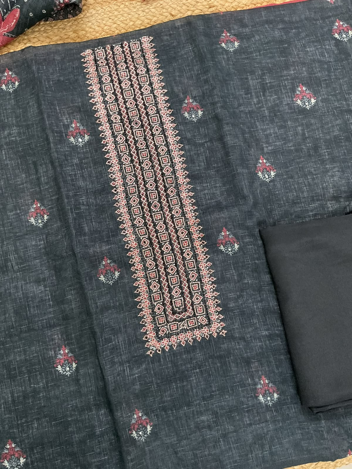Soft Tissue Slub Cotton Printed Embroidered Suit - Black