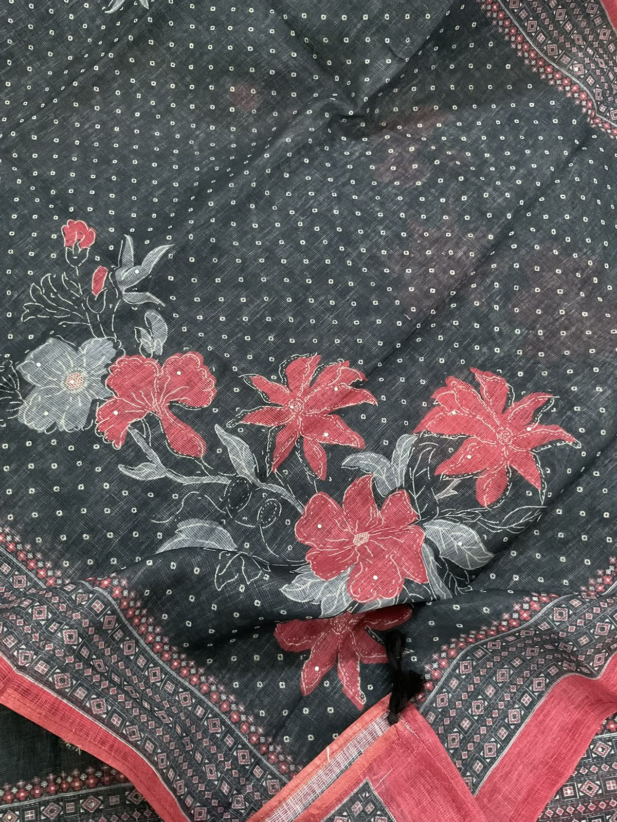 Soft Tissue Slub Cotton Printed Embroidered Suit - Black