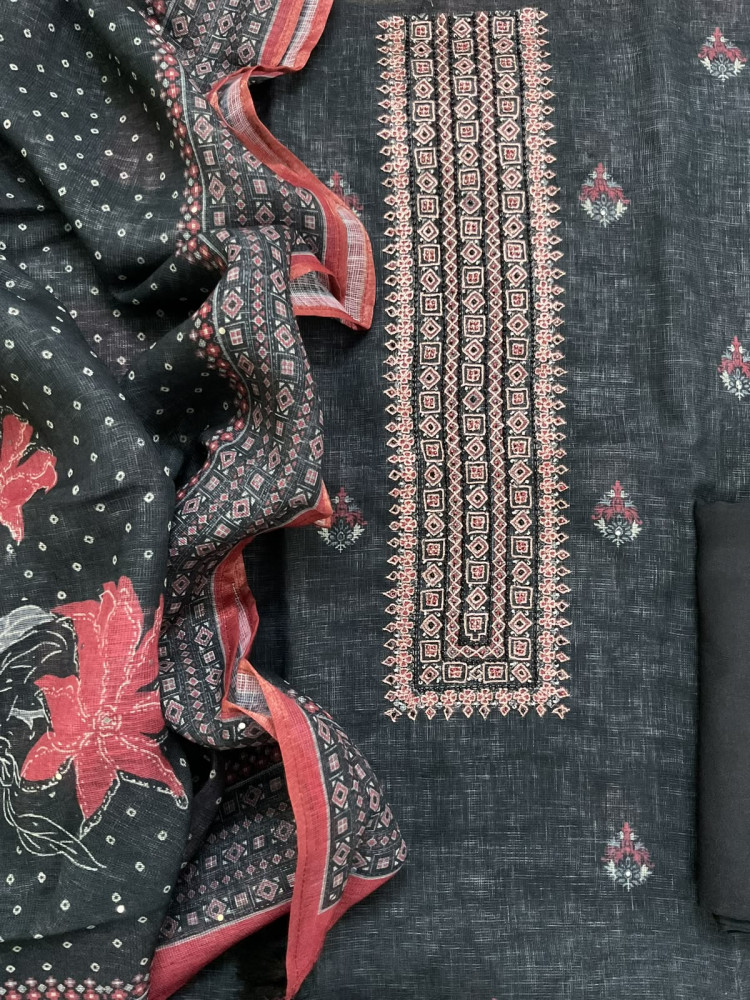 Image of Soft Tissue Slub Cotton Printed Embroidered Suit - Black