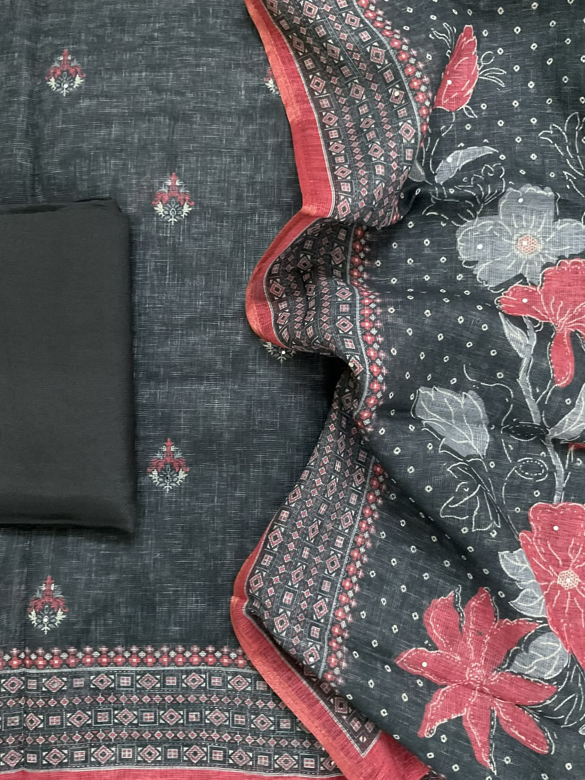 Soft Tissue Slub Cotton Printed Embroidered Suit - Black