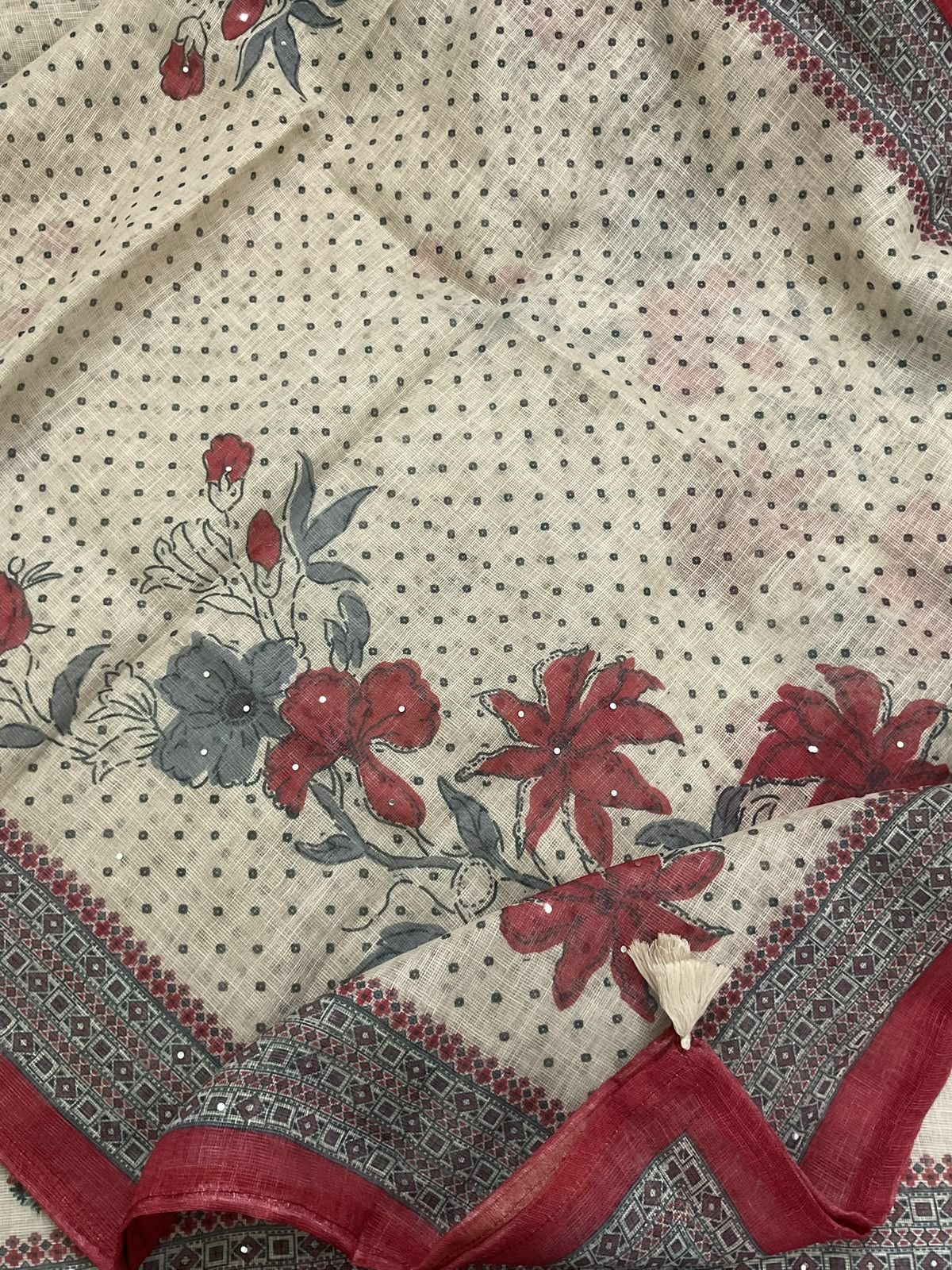 Soft Tissue Slub Cotton Printed Embroidered Suit - Cream
