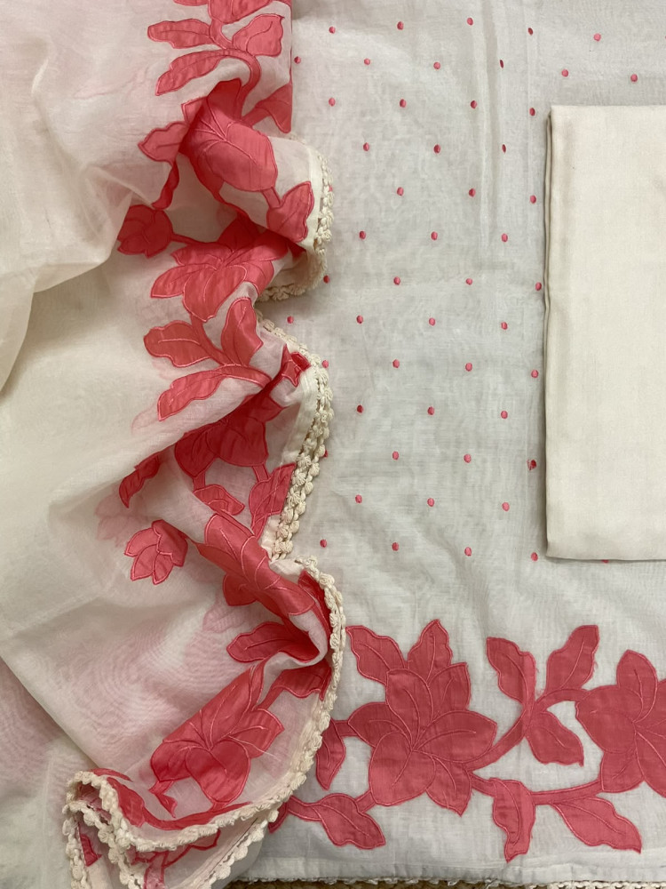 Image of Pure Mul Chanderi Embroidered Suit - Cream