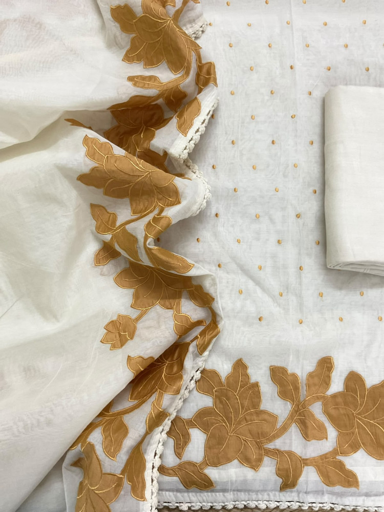 Image of Pure Mul Chanderi Embroidered Suit - Cream