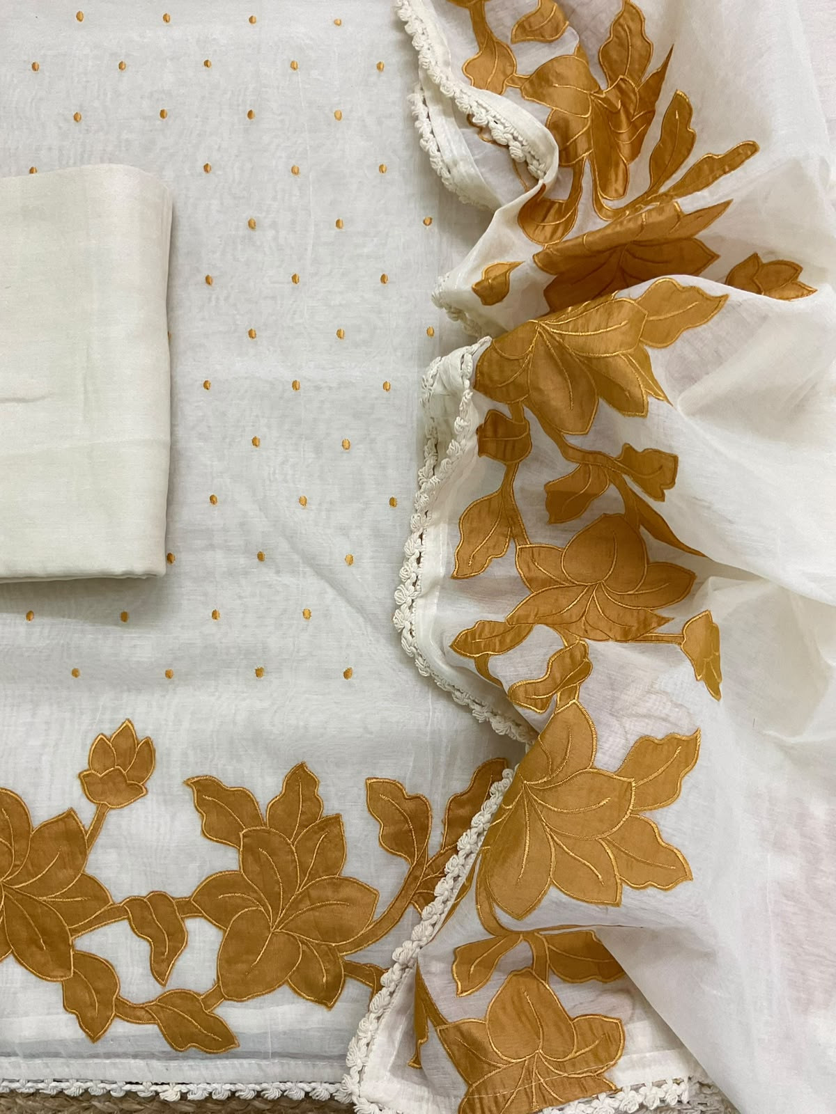 Pure Mul Chanderi Embroidered Suit - Cream