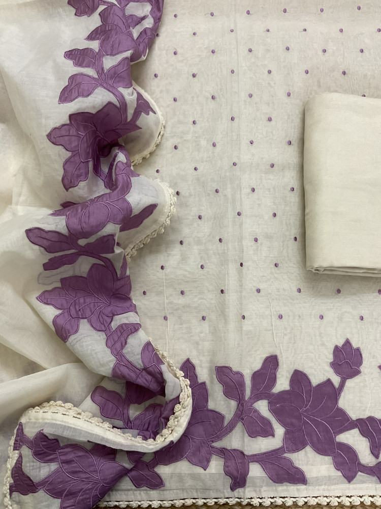 Image of Pure Mul Chanderi Embroidered Suit - Cream