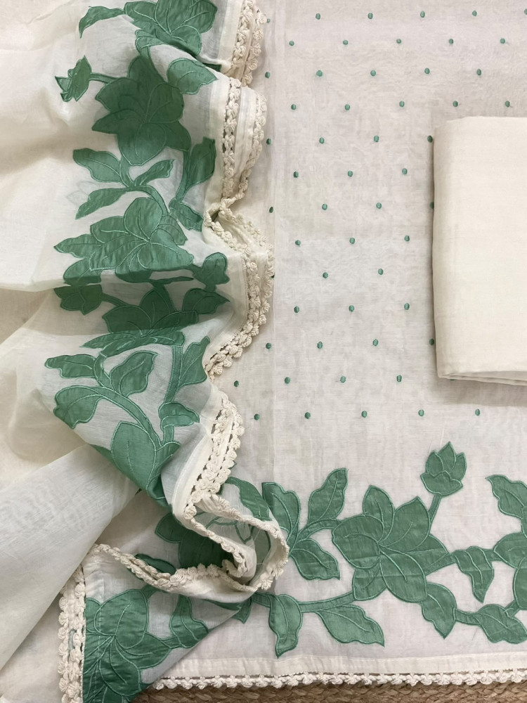 Image of Pure Mul Chanderi Embroidered Suit - Cream