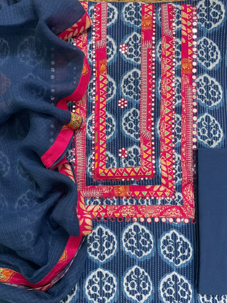 Image of Pure Cotton Self Weaved Printed Embroidered Suit - Blue