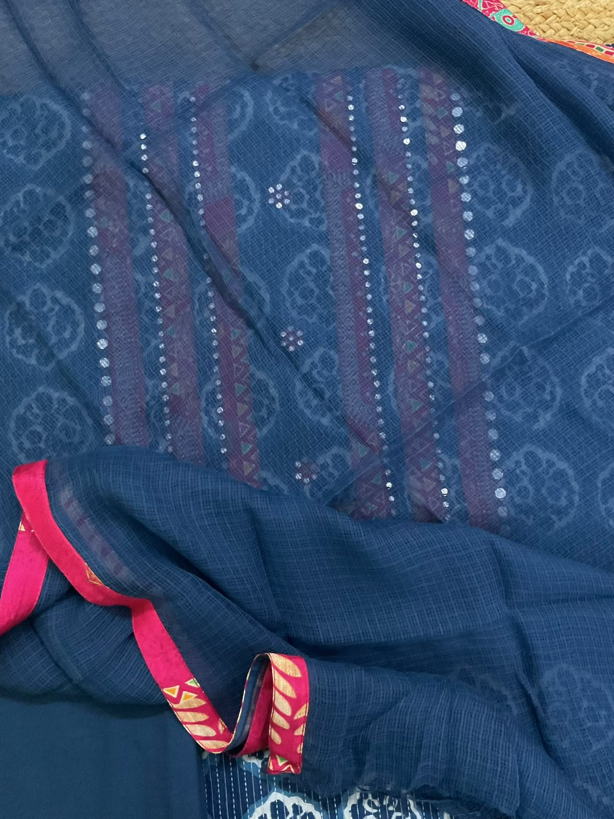 Pure Cotton Self Weaved Printed Embroidered Suit - Blue