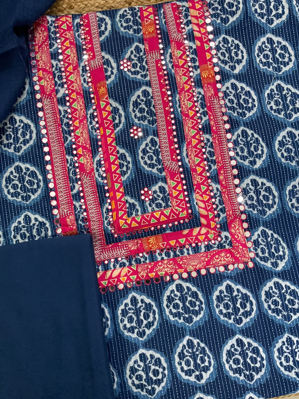 Pure Cotton Self Weaved Printed Embroidered Suit - Blue