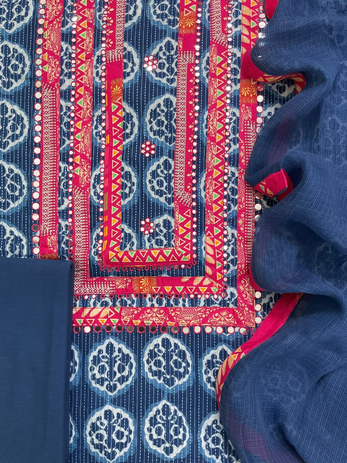 Pure Cotton Self Weaved Printed Embroidered Suit - Blue
