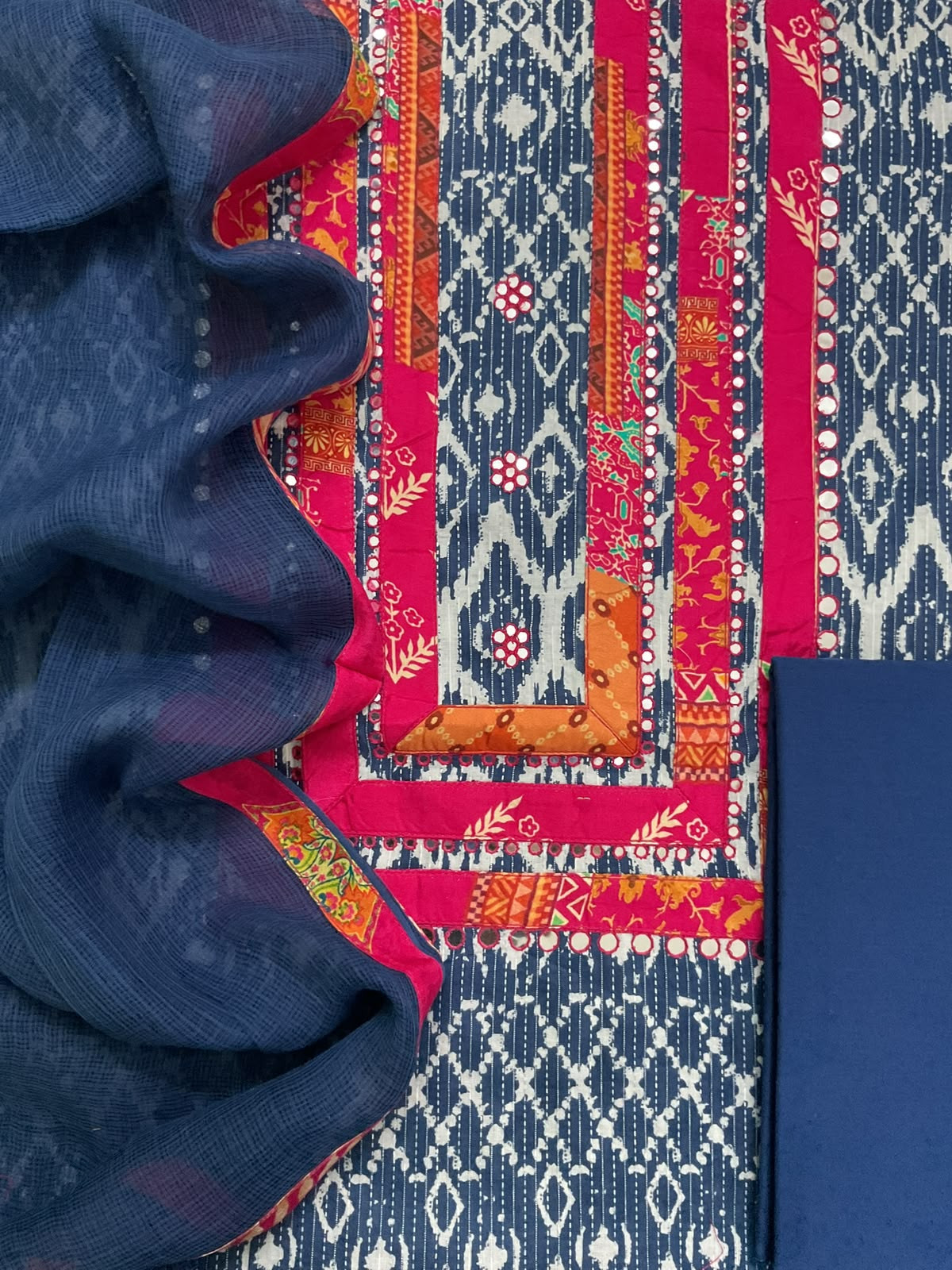 Pure Cotton Self Weaved Printed Embroidered Suit - Blue