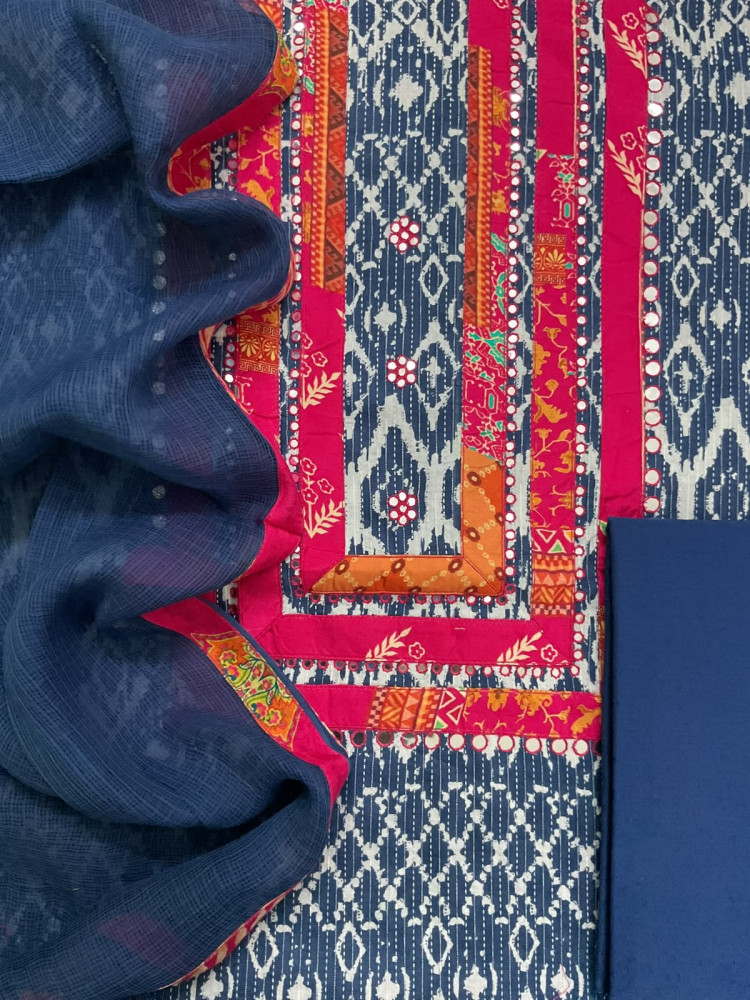 Image of Pure Cotton Self Weaved Printed Embroidered Suit - Blue