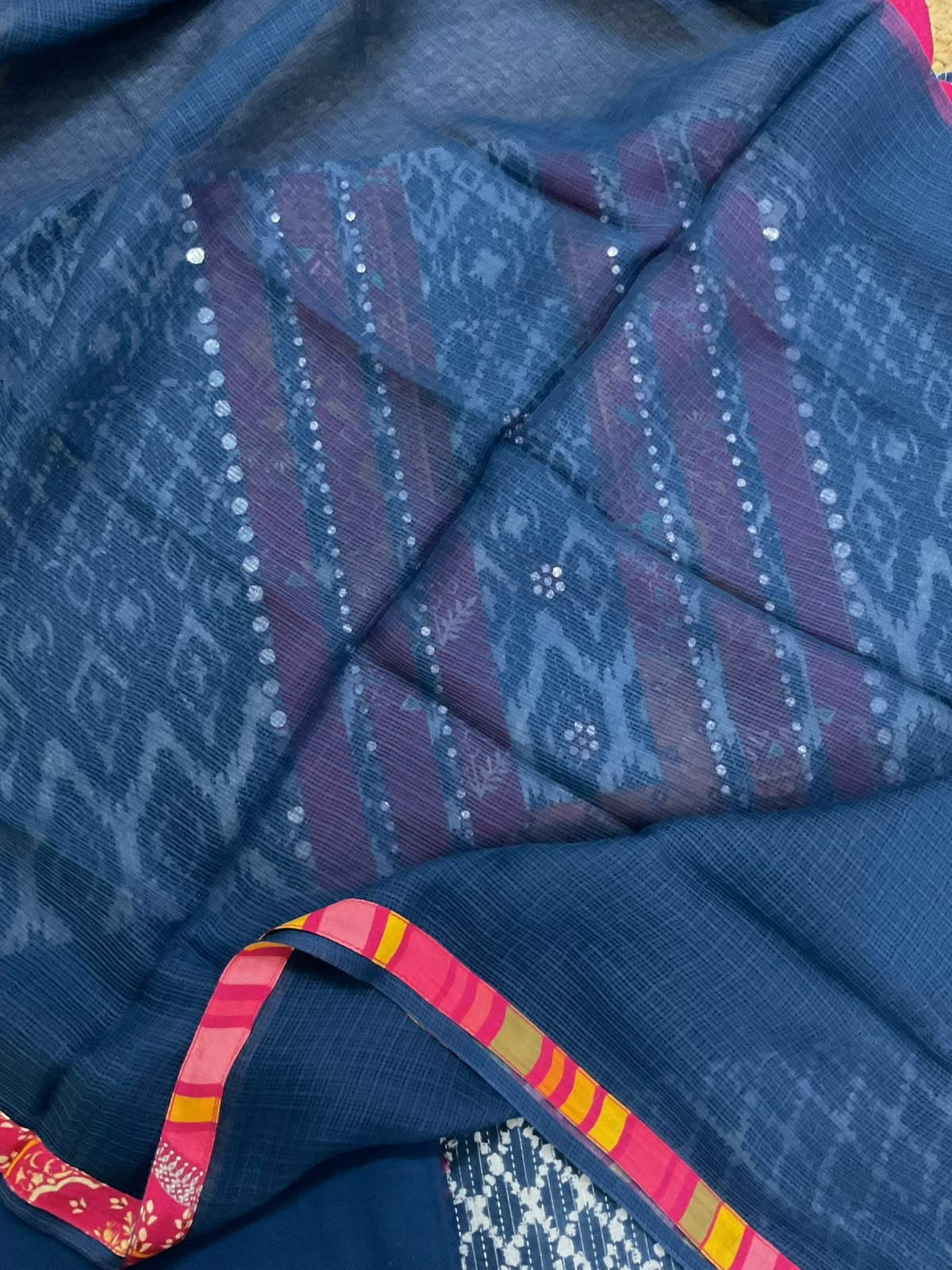 Pure Cotton Self Weaved Printed Embroidered Suit - Blue