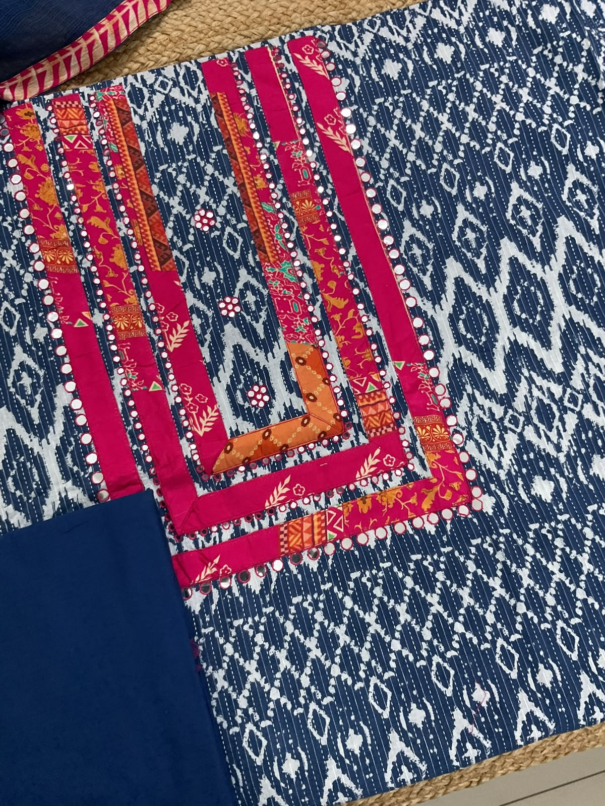 Pure Cotton Self Weaved Printed Embroidered Suit - Blue