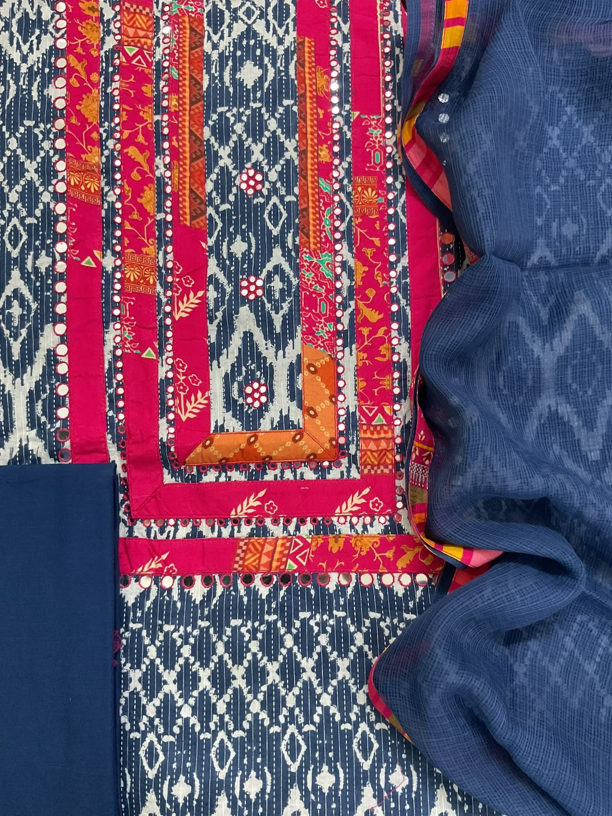 Pure Cotton Self Weaved Printed Embroidered Suit - Blue