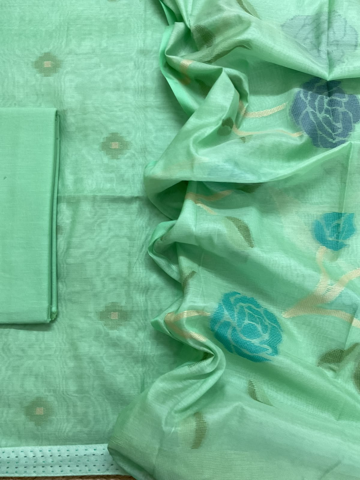 Soft Chanderi Self Weaved Suit - Sea Green
