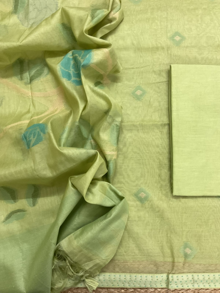 Image of Soft Chanderi Self Weaved Suit - Green