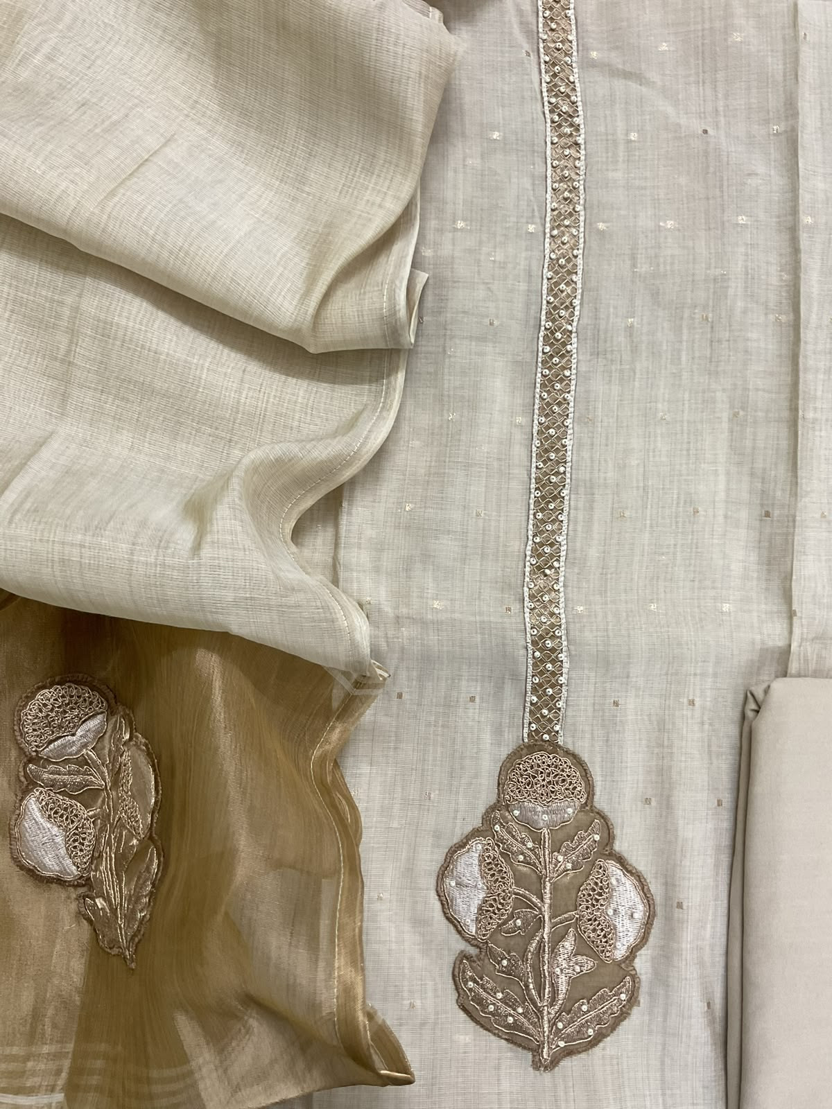 Soft Slub Chanderi Banarasi Weaved Embroidered Suit - Beige