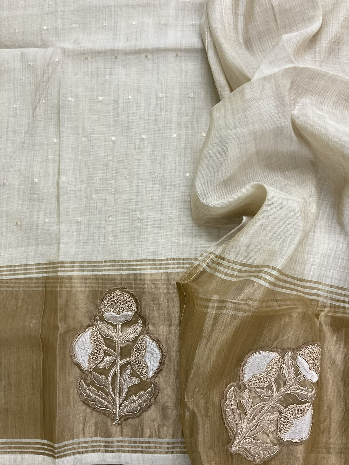 Soft Slub Chanderi Banarasi Weaved Embroidered Suit - Beige