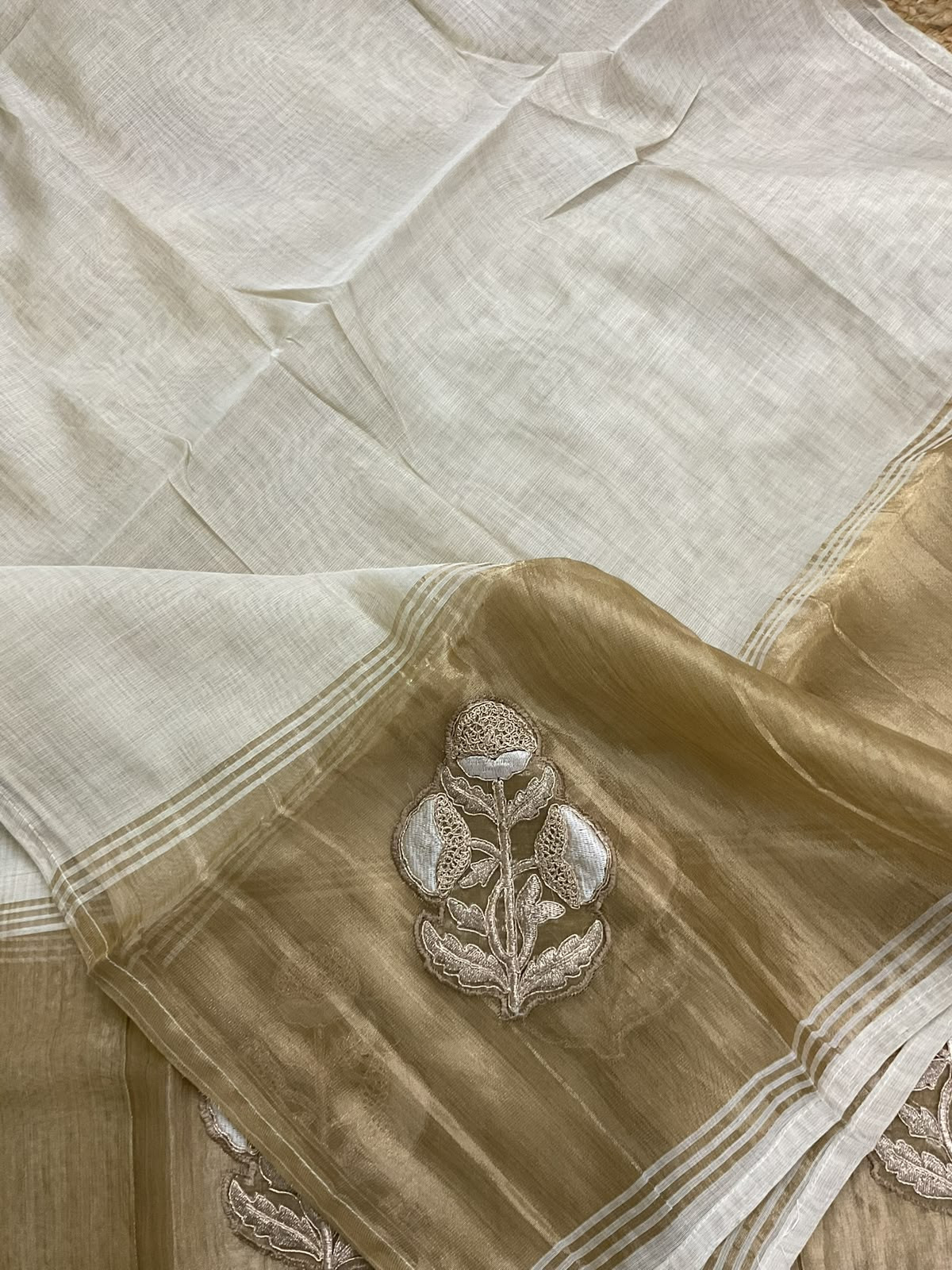 Soft Slub Chanderi Banarasi Weaved Embroidered Suit - Beige