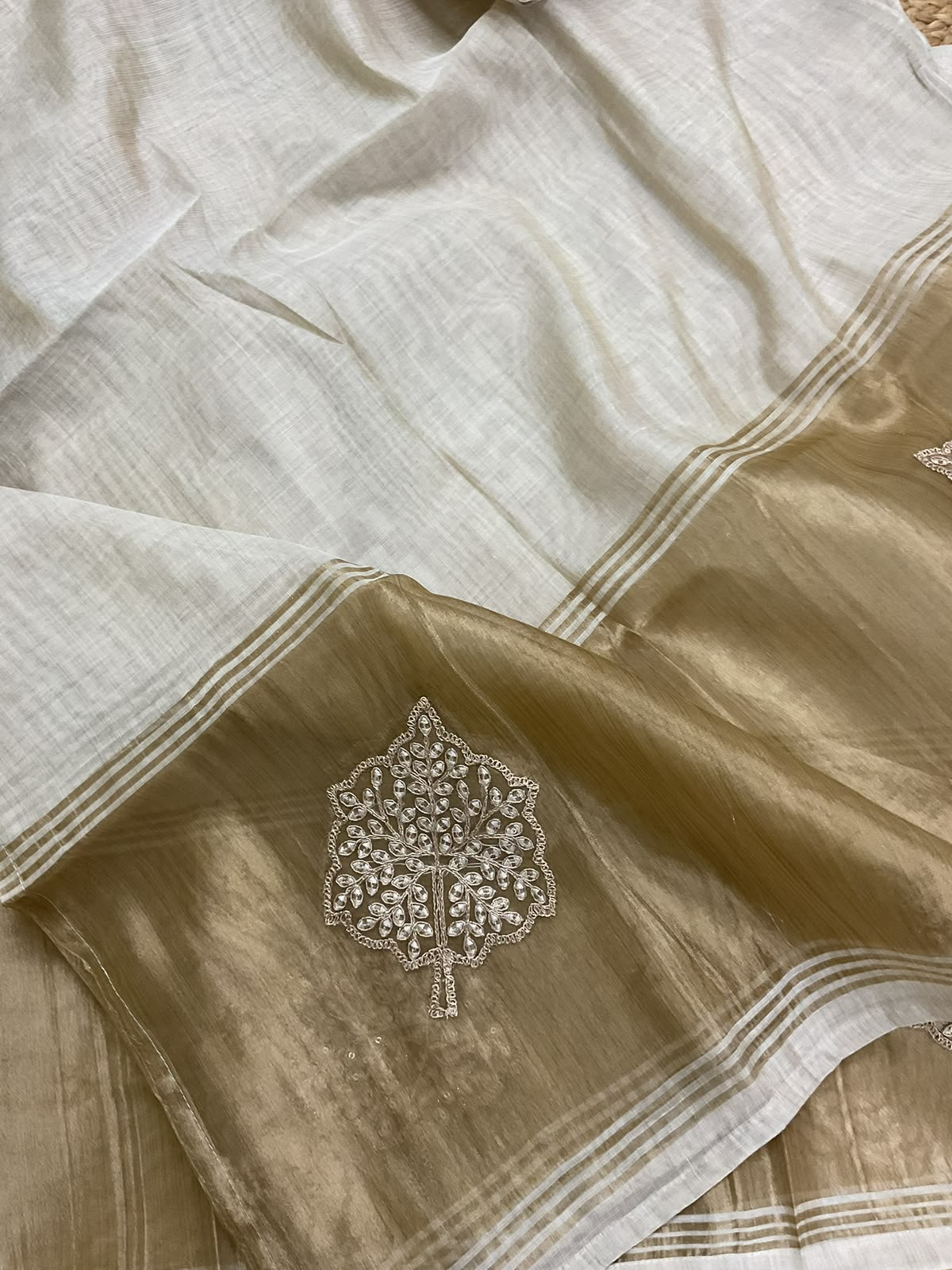 Soft Slub Chanderi Banarasi Weaved Embroidered Suit - Beige