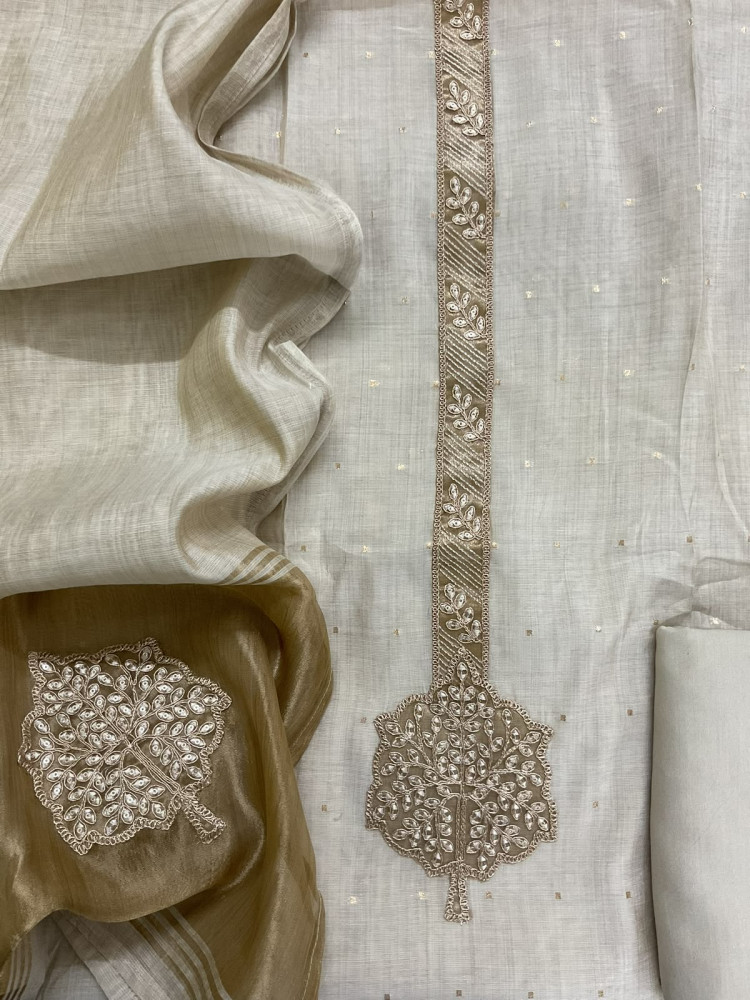 Image of Soft Slub Chanderi Banarasi Weaved Embroidered Suit - Beige