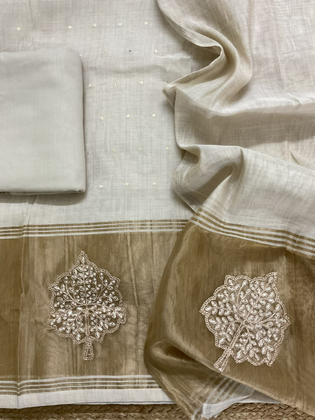Soft Slub Chanderi Banarasi Weaved Embroidered Suit - Beige