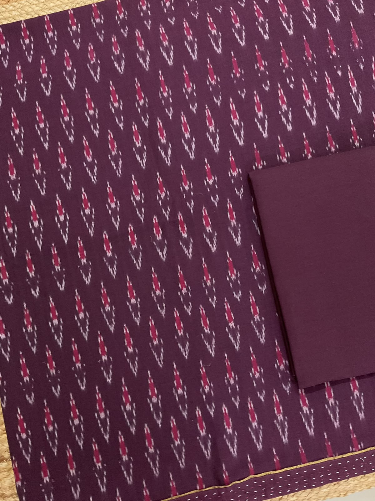 Pure Fine Ikkat Cotton Self Weaved Printed Suit - Wine