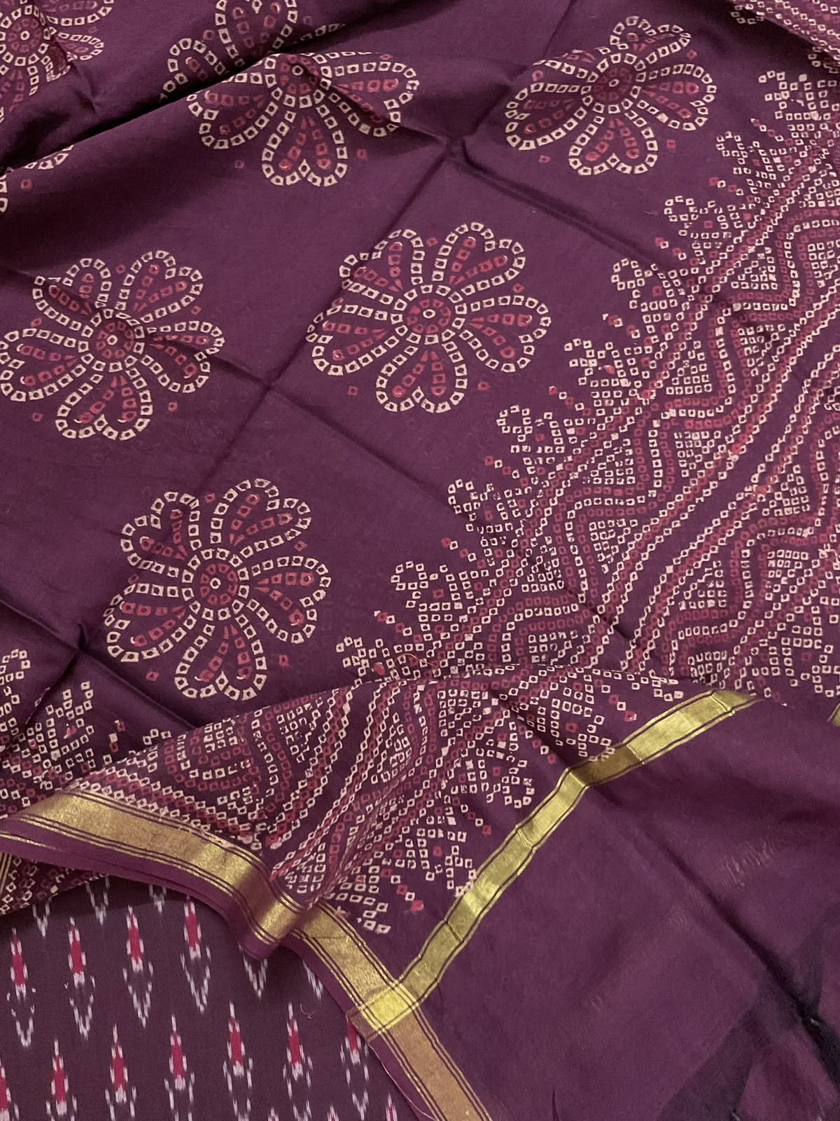Pure Fine Ikkat Cotton Self Weaved Printed Suit - Wine