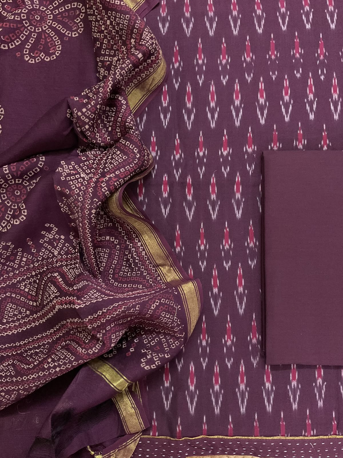 Pure Fine Ikkat Cotton Self Weaved Printed Suit - Wine