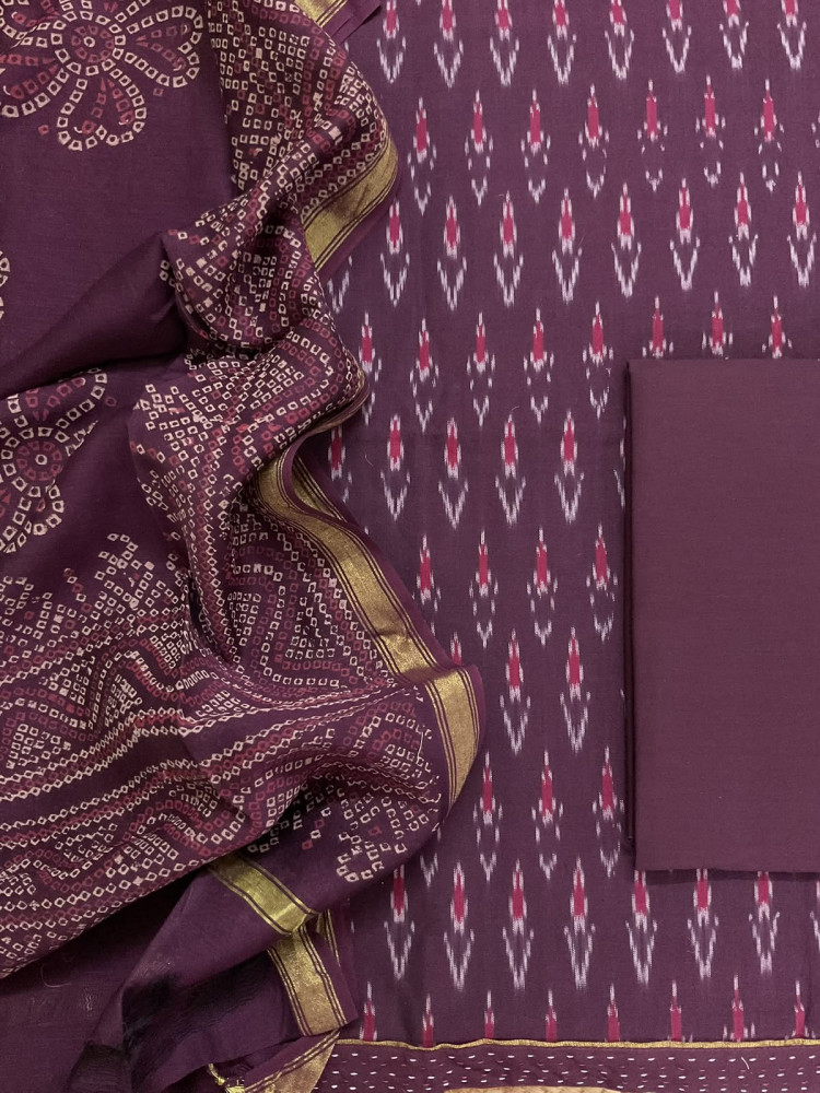 Image of Pure Fine Ikkat Cotton Self Weaved Printed Suit - Wine