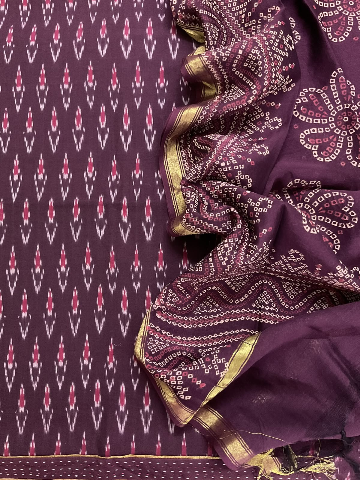 Pure Fine Ikkat Cotton Self Weaved Printed Suit - Wine