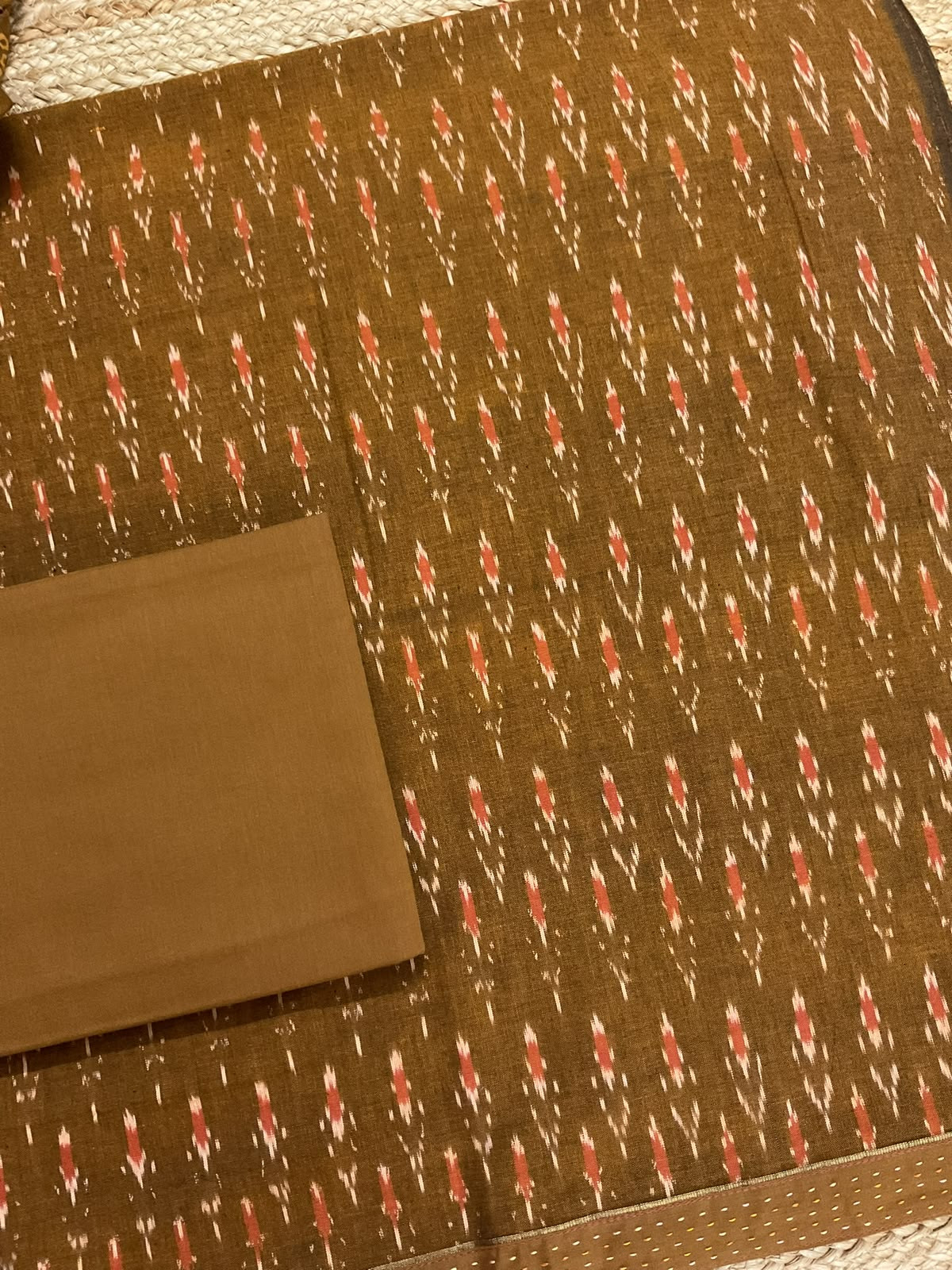 Pure Fine Ikkat Cotton Self Weaved Printed Suit - Brown