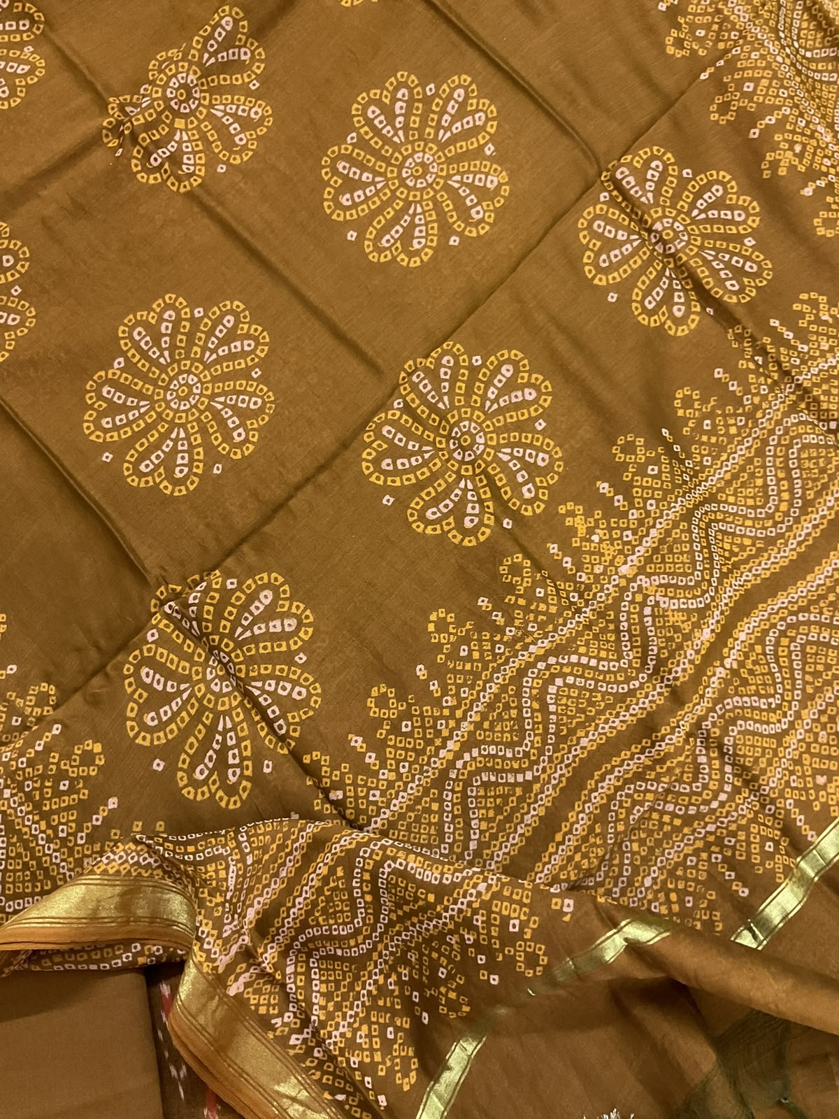 Pure Fine Ikkat Cotton Self Weaved Printed Suit - Brown